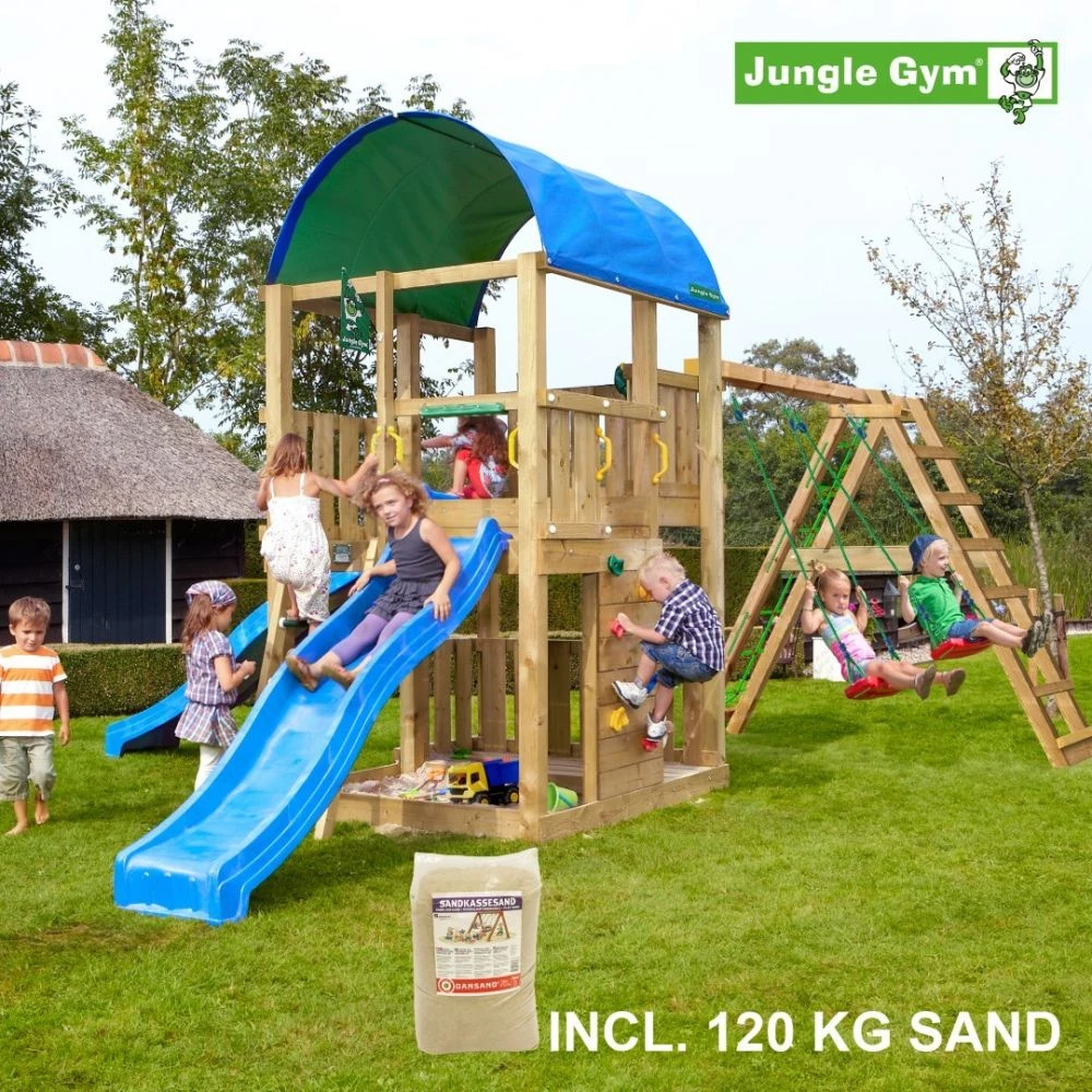 Jungle Gym Farm Legetårn Komplet Inkl. Climb Module Xtra, 120 Kg Sand Og Blå Rutschebane - 804-272CXSB 1 Jungle Gym Farm Legetårn Komplet Inkl. Climb Module Xtra, 120 Kg Sand Og Blå Rutschebane - 804-272CXSB