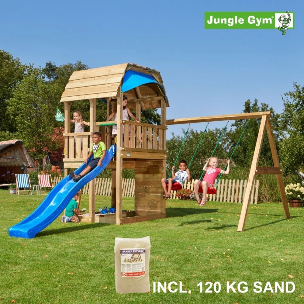 Jungle Gym Barn Legetårn Komplet Inkl. Swing Module Xtra, 120 Kg Sand Og Blå Rutschebane - 804-287SXSB 1 Jungle Gym Barn Legetårn Komplet Inkl. Swing Module Xtra, 120 Kg Sand Og Blå Rutschebane - 804-287SXSB