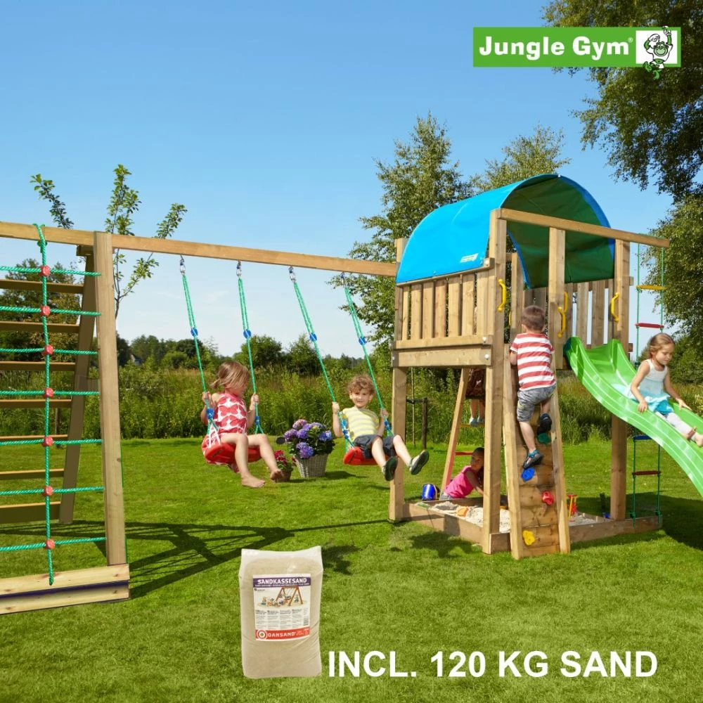 Jungle Gym Villa Legetårn Komplet Inkl. Climb Module Xtra, 120 Kg Sand Og Grøn Rutschebane - 804-285CXSG 1 Jungle Gym Villa Legetårn Komplet Inkl. Climb Module Xtra, 120 Kg Sand Og Grøn Rutschebane - 804-285CXSG