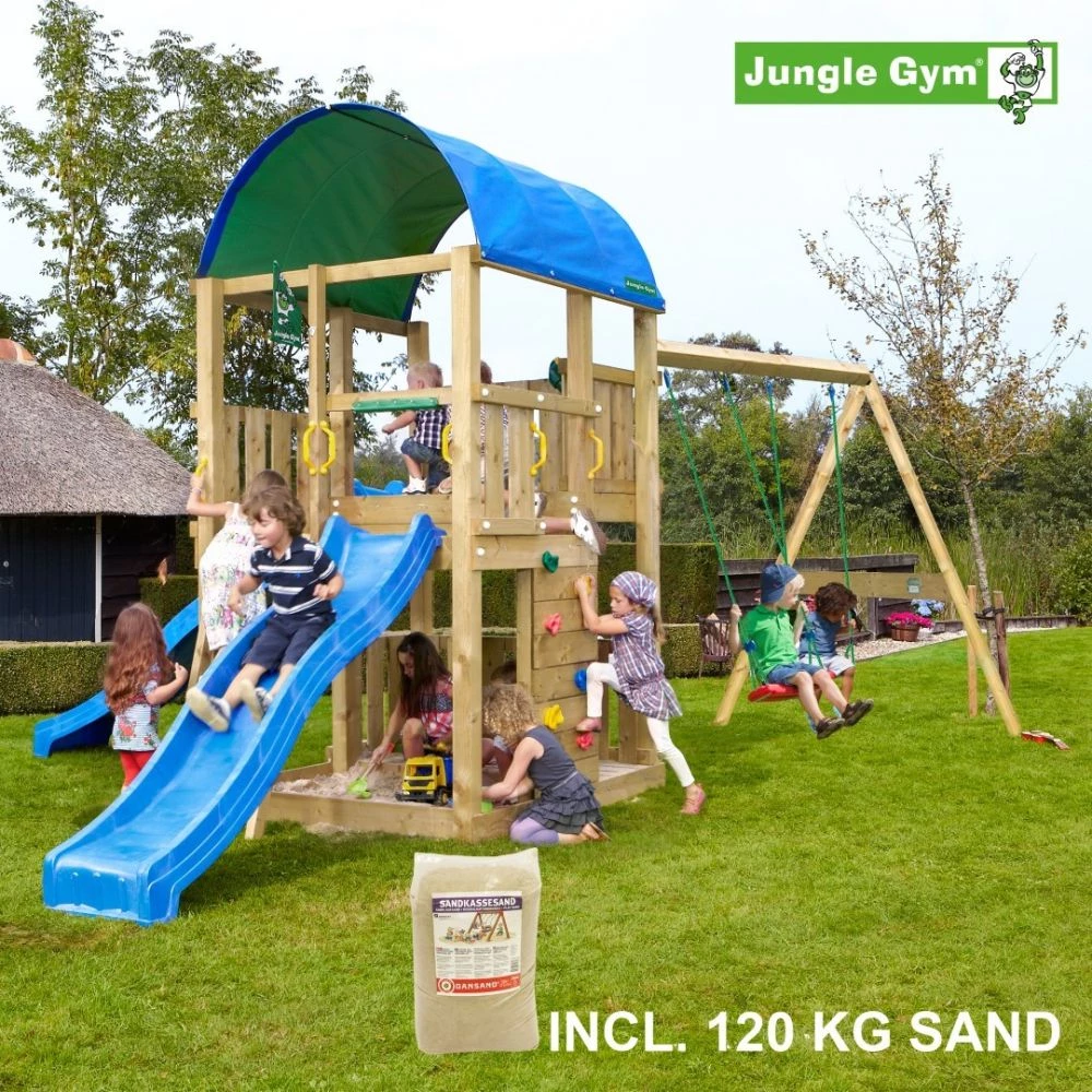 Jungle Gym Farm Legetårn Komplet Inkl. Swing Module Xtra, 120 Kg Sand Og Blå Rutschebane - 804-272SXSB 1 Jungle Gym Farm Legetårn Komplet Inkl. Swing Module Xtra, 120 Kg Sand Og Blå Rutschebane - 804-272SXSB
