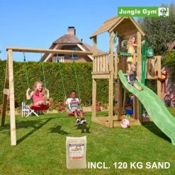 Jungle Gym Mansion Legetårn Komplet Inkl. Swing Module Xtra, 120 Kg Sand Og Grøn Rutschebane - 804-267SXSG