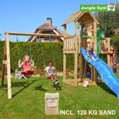 Jungle Gym Mansion Legetårn Komplet Inkl. Swing Module Xtra, 120 Kg Sand Og Blå Rutschebane - 804-267SXSB
