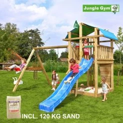Jungle Gym Fort Legetårn Komplet Inkl. Swing Module Xtra, 120 Kg Sand Og Blå Rutschebane - 804-275SXSB