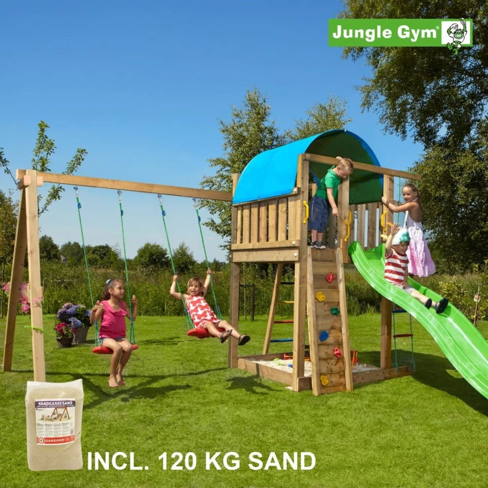 Jungle Gym Villa Legetårn Komplet Inkl. Swing Module Xtra, 120 Kg Sand Og Grøn Rutschebane - 804-285SXSG 1 Jungle Gym Villa Legetårn Komplet Inkl. Swing Module Xtra, 120 Kg Sand Og Grøn Rutschebane - 804-285SXSG