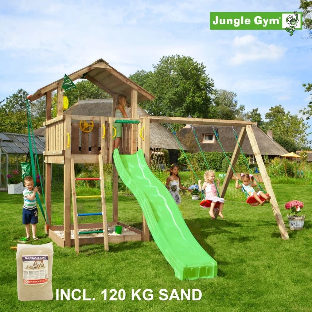 Jungle Gym Chalet Legetårn Komplet Inkl. Swing Module Xtra, 120 Kg Sand Og Grøn Rutschebane - 804-271SXSG 1 Jungle Gym Chalet Legetårn Komplet Inkl. Swing Module Xtra, 120 Kg Sand Og Grøn Rutschebane - 804-271SXSG