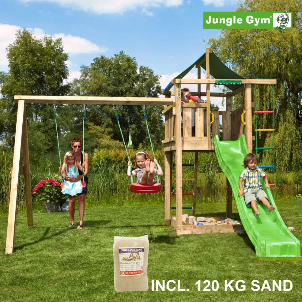 Jungle Gym Lodge Legetårn Komplet Inkl. Swing Module Xtra, 120 Kg Sand Og Grøn Rutschebane - 804-274SXSG 1 Jungle Gym Lodge Legetårn Komplet Inkl. Swing Module Xtra, 120 Kg Sand Og Grøn Rutschebane - 804-274SXSG