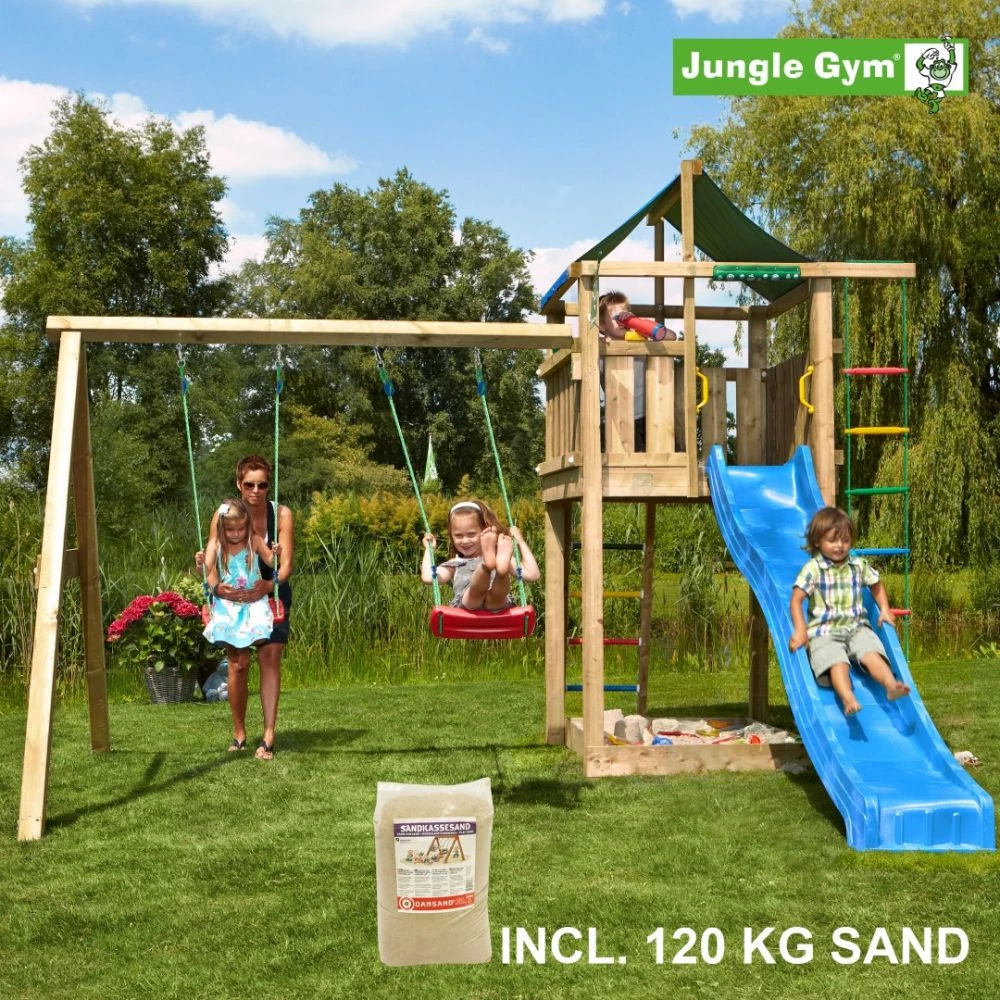 Jungle Gym Lodge Legetårn Komplet Inkl. Swing Module Xtra, 120 Kg Sand Og Blå Rutschebane - 804-274SXSB 1 Jungle Gym Lodge Legetårn Komplet Inkl. Swing Module Xtra, 120 Kg Sand Og Blå Rutschebane - 804-274SXSB