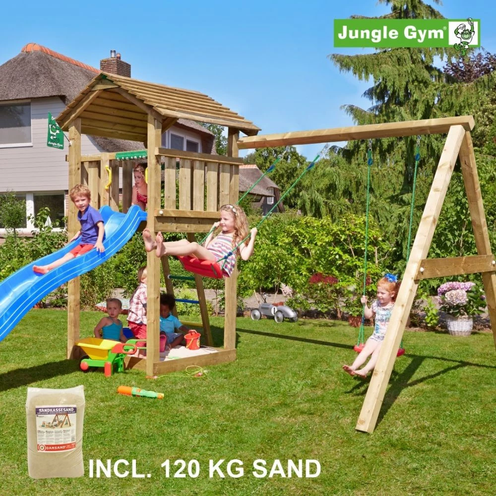 Jungle Gym Cottage Legetårn Komplet Inkl. Swing Module Xtra, 120 Kg Sand Og Blå Rutschebane - 804-270SXSB 1 Jungle Gym Cottage Legetårn Komplet Inkl. Swing Module Xtra, 120 Kg Sand Og Blå Rutschebane - 804-270SXSB