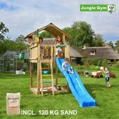 Jungle Gym Chalet Legetårn Komplet, Inkl. 120 Kg Sand Og Blå Rutschebane - 804-271SAB