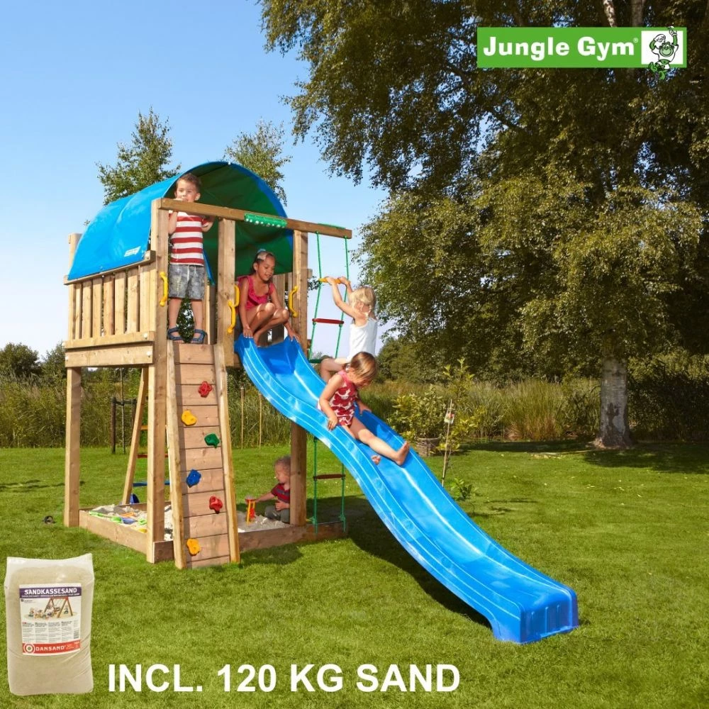 Jungle Gym Villa Legetårn Komplet, Inkl. 120 Kg Sand Og Blå Rutschebane - 804-285SAB 1 Jungle Gym Villa Legetårn Komplet, Inkl. 120 Kg Sand Og Blå Rutschebane - 804-285SAB