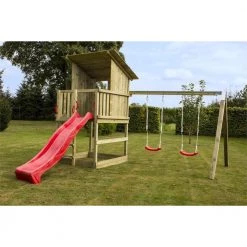 Plus A/S Plus Play Legetårn M/skråt Tag Trykimprægneret Inkl. Gyngestativ Rød Rutsjebane Og Gyngesæder 185280-5