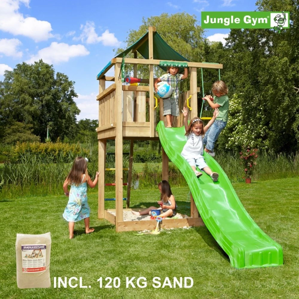Jungle Gym Lodge Legetårn Komplet, Inkl. 120 Kg Sand Og Grøn Rutschebane - 804-274SG 1 Jungle Gym Lodge Legetårn Komplet, Inkl. 120 Kg Sand Og Grøn Rutschebane - 804-274SG