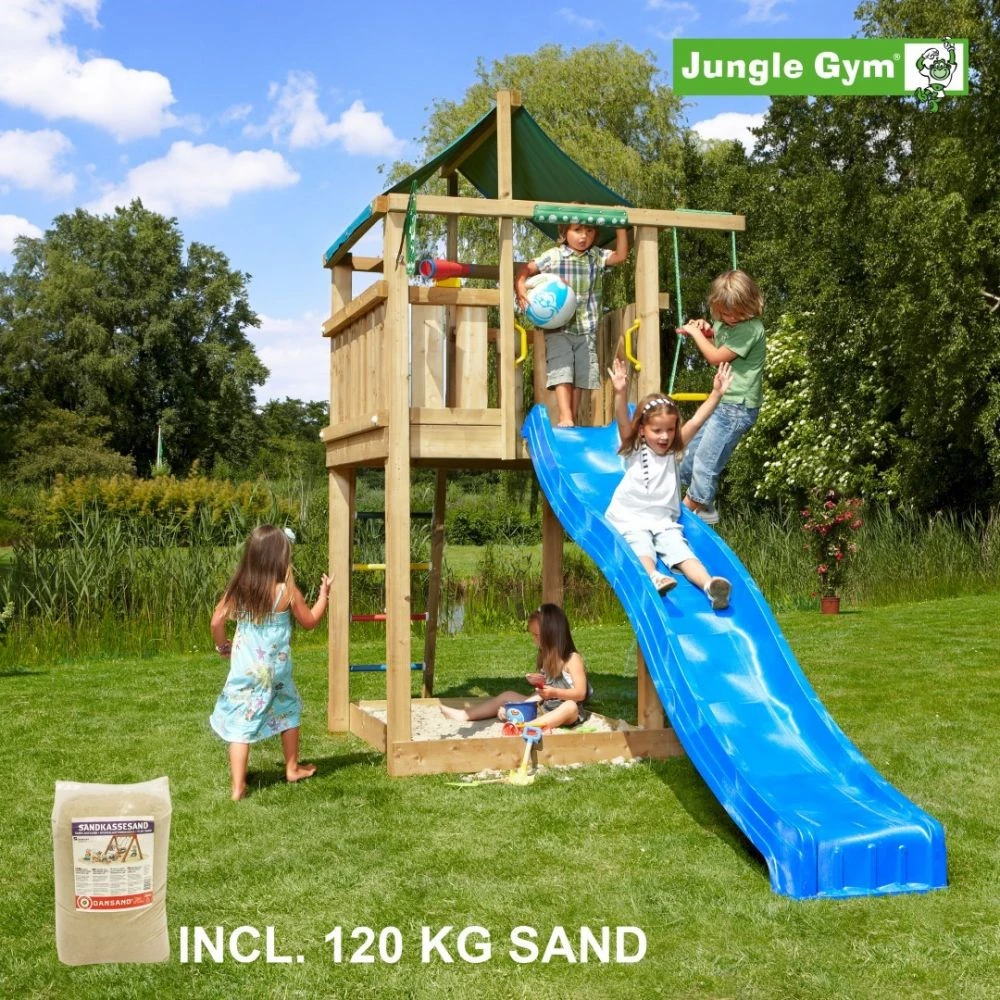 Jungle Gym Lodge Legetårn Komplet, Inkl. 120 Kg Sand Og Blå Rutschebane - 804-274SAB 1 Jungle Gym Lodge Legetårn Komplet, Inkl. 120 Kg Sand Og Blå Rutschebane - 804-274SAB