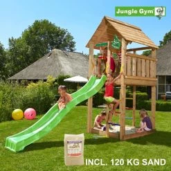Jungle Gym Cabin Legetårn Komplet, Inkl. 120 Kg Sand Og Grøn Rutschebane - 804-283SG