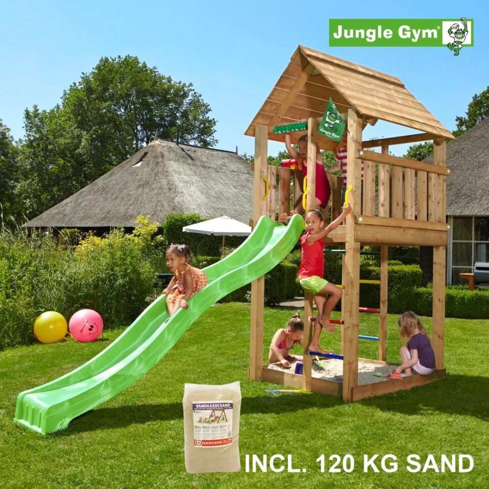 Jungle Gym Cabin Legetårn Komplet, Inkl. 120 Kg Sand Og Grøn Rutschebane - 804-283SG 1 Jungle Gym Cabin Legetårn Komplet, Inkl. 120 Kg Sand Og Grøn Rutschebane - 804-283SG