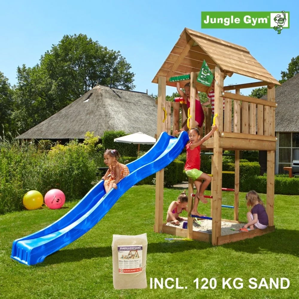 Jungle Gym Cabin Legetårn Komplet, Inkl. 120 Kg Sand Og Blå Rutschebane - 804-283SAB 1 Jungle Gym Cabin Legetårn Komplet, Inkl. 120 Kg Sand Og Blå Rutschebane - 804-283SAB