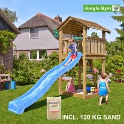 Jungle Gym Cottage Legetårn Komplet, Inkl. 120 Kg Sand Og Blå Rutschebane - 804-270SAB