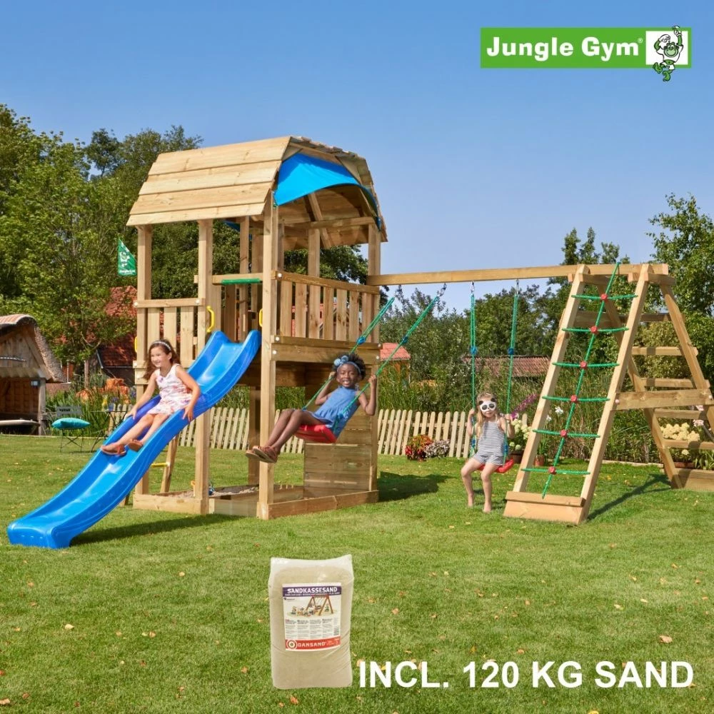 Jungle Gym Barn Legetårn Komplet Inkl. Climb Module Xtra, 120 Kg Sand Og Blå Rutschebane - 804-287CXSB 1 Jungle Gym Barn Legetårn Komplet Inkl. Climb Module Xtra, 120 Kg Sand Og Blå Rutschebane - 804-287CXSB